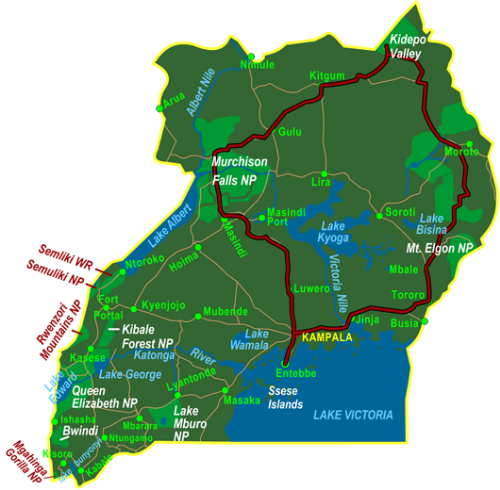 Map Uganda Northern Circuit including Kidepo Valley (12 days)